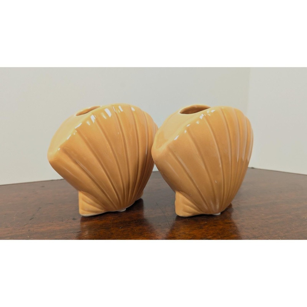 Vintage Peach Ceramic Shell Pocket Vases Pair Coastal Beach Decor Planters